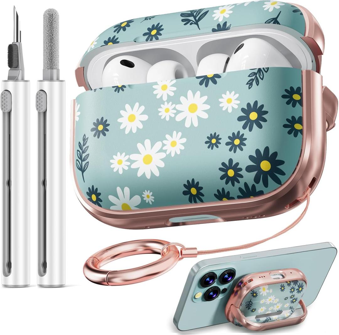 Inesore for AirPods Pro 3 Case 2025 with Lock, for Women Girly Floral Cute Case Compatible with Apple Airpods Pro 3rd Generation Cover, with Phone Stand,Keychain & Cleaner Kit -Green Daisy