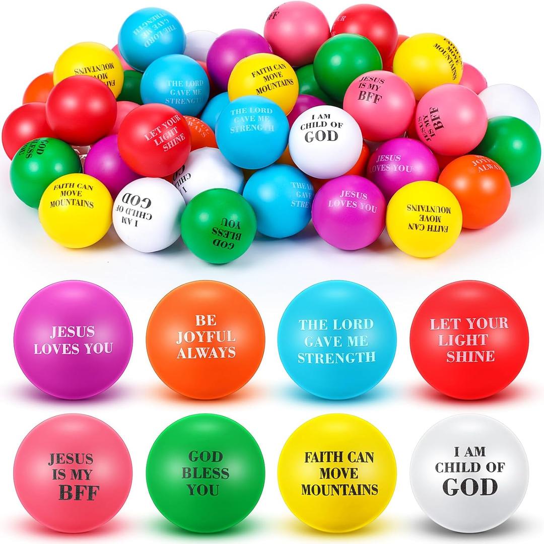48 Pcs Christian Stress Balls Bulk Jesus Loves You Christian Toys Motivational Quotes Bible Verse Ball Colorful Fidget Stress Relief Toy for Back to School Church Religious Gift Party Favor