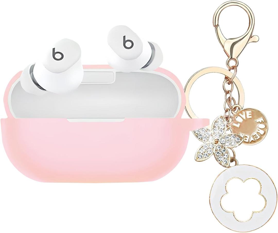Case Cover Compatible with Beats Solo Buds Earbuds, Soft Silicone Protective Skin with Bling Keychain Accessories for Women Girl (Pink)