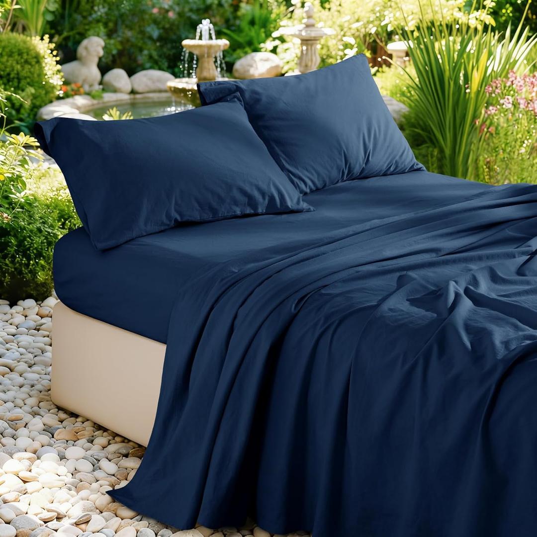 100% French Pure Linen Sheets Queen Size, Breathable, Soft and Durable Pure Linen Sheets, Anti-Tear Linen Bed Sheets, 16 Inch Deep Pocket - 4 PC (Navy Blue,Queen)