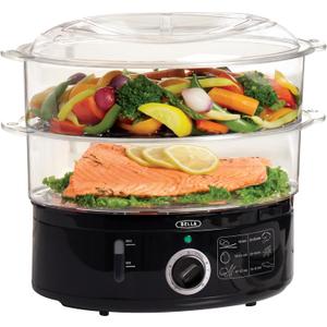 BELLA Two Tier Food Steamer with Dishwasher Safe Lids and Stackable Baskets & Removable Base for Fast Simultaneous Cooking - Auto Shutoff & Boil Dry Protection, Stainless Steel, 7.4 QT, Black
