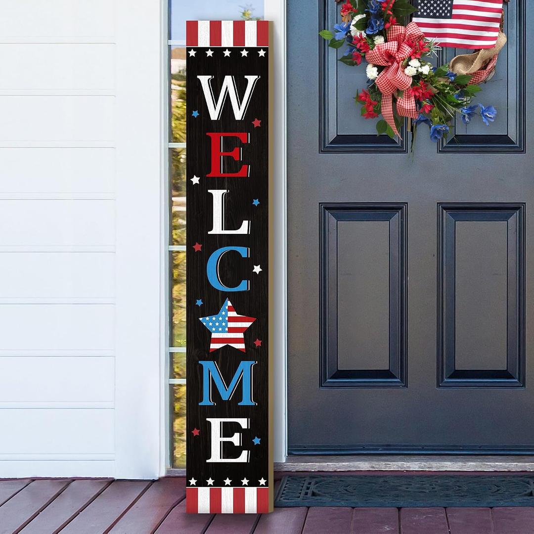 Patriotic 4th of July Independence Day Porch Sign Decor Memorial Day Wooden Hanging Sign Door Porch Standing Decorative Signs Plaques Front Door Farmhouse Outdoor Indoor Welcome Sign Wall Craft Decor 47.2"H