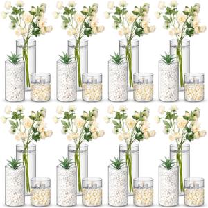 Nuogo 24 Pcs Plastic Cylinder Vases Tall Clear Flower Vases for Centerpieces Hurricane Candle Holder for Home Wedding Office Party Formal Dinners Decorations (4''/6''/8'')
