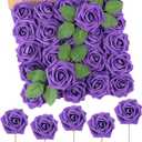 N&T NIETING Fake Flowers Purple Roses, 50Pcs Artificial Flowers Foam Roses with Stems for DIY Wedding Bridesmaid Bridal Bouquets Centerpieces Party Home Decoration Baby Showe