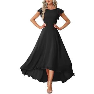 DeftSharp Women's A-Line Chiffon Dress with V Back & Ruffled Sleeves - Knee Length Tiered Hem Cocktail Dress for Wedding XL
