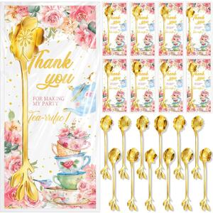 24 Set Tea Spoon Party Favors Gold Tea Spoons Bulk 8 Style Flower Teaspoons with Thank You Cards Gift Bags Stainless Steel Dessert Coffee Spoons Stir Bar for Bridal Shower Guest Souvenir Gift