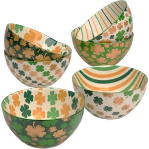 St. Patricks Day Shamrock Bowls Set of 6, 16 oz Durable Porcelain  Microwave & Dishwasher Safe Serveware for Cereal, Snacks, Desserts, Irish-Themed Dinnerware