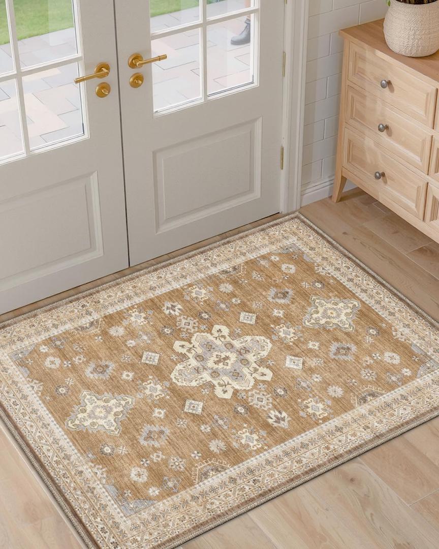 DEXI Area Rugs for Entryway, 2'8"x4' Washable Low Pile Vintage Traditional Entry Rug Non Slip, Indoor Door Mat for Bedroom Kitchen Entrance Hallway, Light Brown
