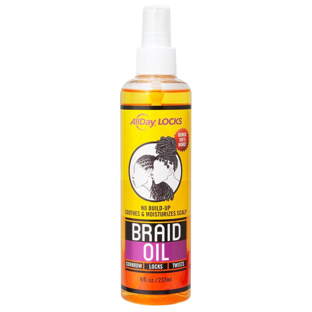 AllDay Locks Braid Oil (8 oz) | Moisturizes, Strengthens Hair & Scalp | Soothes & Relieves Tension | Grape, Orange, Olive Oil | Nourish & Protect Braids, Locks, Twists, Cornrows | 8 oz (8 Fl Oz (Pack of 1))