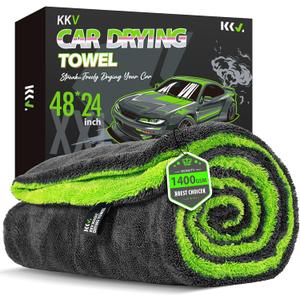 KKV Full-Sized SUV Drying Towel, 48"x24" Dual Sided Microfiber Car Cleaning Towel with Twisting Yarn Technique, 1400GSM Super Absorbent, Scratch-Free, Machine Washable (Darkgray-GreenYellow)