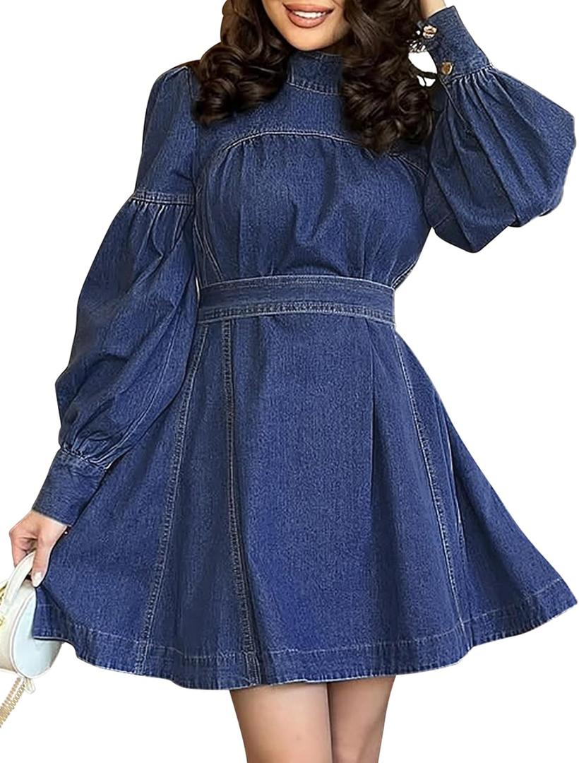 Denim Dress for Women Puff Long Sleeve, Mock Neck Babydoll Jean Mini Dress with Tie and Pocket (Large, Medium Blue)