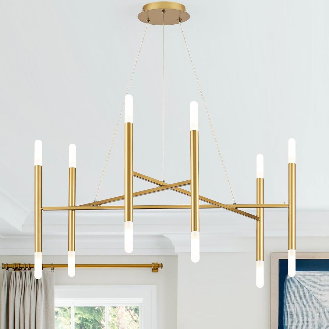 Gold Chandelier Light Fixture, 12-Light Brassy Gold Chandelier for Dining Room 35" Geometric Hanging Chandeliers Mid-Century Light Fixture for Entry Kitchen Bedroom, G9