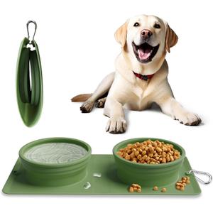 Collapsible Portable 2-in-1 Dog Bowl, Integrated Travel Dog/Cat Food Water Bowl, Silicone Foldable Expandable Bowl with Carabiner - Anti-Spill and Anti-Skid - for Camping/Traveling LPFLASAT (Green)