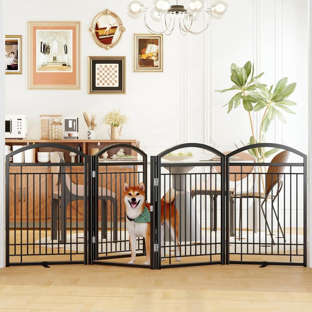 Folding No-Assembly Metal Freestanding Dog Gate with Door Walk Through,32" Height Pet Fence,96" Extra Wide Accordion Puppy Folding Playpen for Doorways,House,Stairs (4 Panels,Black)