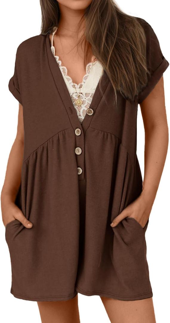 Glamaker Women's Summer Short Sleeve Romper Casual V Neck Wide Leg Short Jumpsuit Button Beach Rompers Outfit With Pockets, S