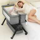 3 in 1 Baby Bassinet Bedside Sleeper, Bedside Crib for Baby, Adjustable Baby Bassinet with Wheels, Storage Basket, Mattress, Easy Assemble & Folding Portable Baby Cradle (Grey)