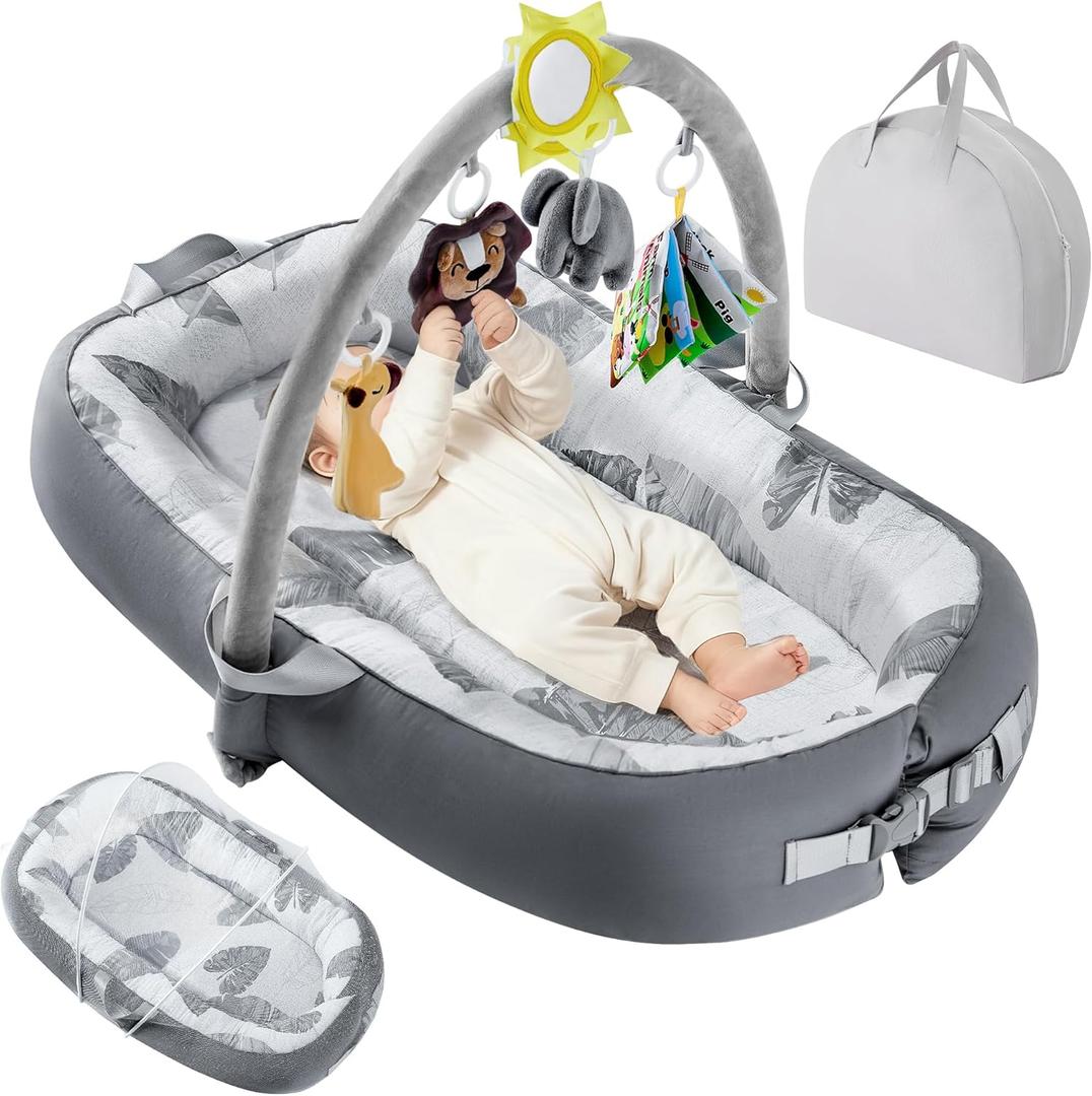 Portable Baby Lounger for Travel,Breathable & Comfortable 100% Cotton Infant Lounger, Baby Nest 0-24 Months Machine-Washable Newborn Lounger Newborn Essentials,Supervised Use