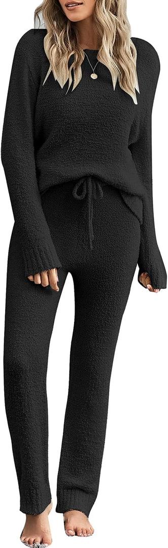 luvamia Women's Casual Pajama Set Fuzzy Fleece Knitted Long Sleeve Pj Loungewear (Large, Black)