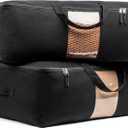 Soft Canvas Storage Bags with Zipper. Thick Breathable, 2pc King/Queen Comforter Organizer. Four Carrying Handles and Window. Large 25x19x9in Bag for Sheets Blankets Bedding Pillows, Clothes (Black)
