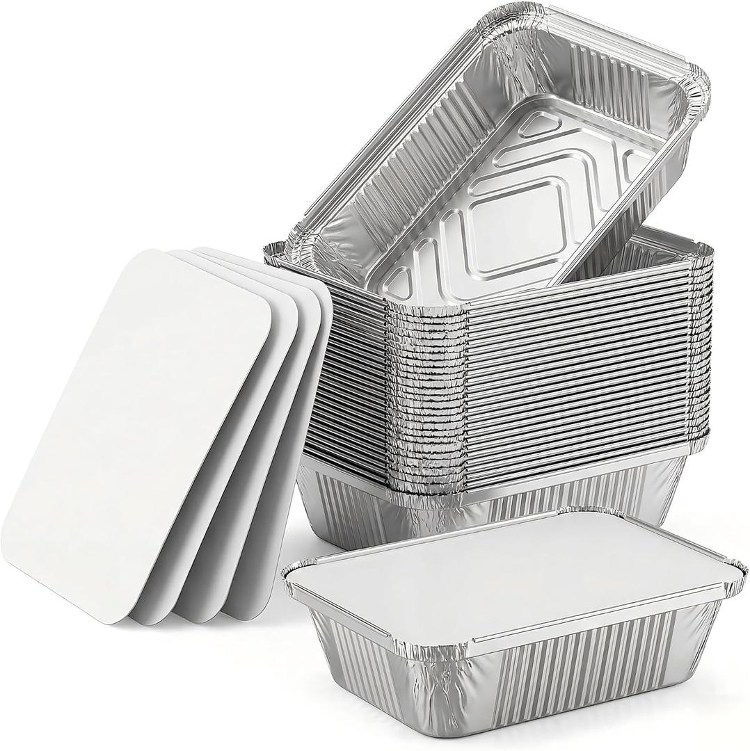 50 Pack Aluminum Pans with Lids - 8.3" × 6.2" Heavy Duty Disposable Foil Containers - 2.25 LB Capacity Aluminum Trays with Cardboard Covers for Baking, Meal Prep, Roasting and Food Storage