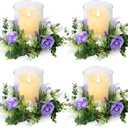 4 Pcs Purple Rose Candle Rings - Artificial Floral Wreaths with Eucalyptus Leaves Greenery Flower Wreaths for Pillar Farmhouse Wedding Centerpiece Party Home Decor