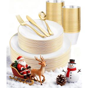 WDF 150Pcs White and Gold Plastic Plates - Gold Plates Disposable - 25guest Disposable Dinnerware Include 25 Dinner Plate, 25 Dessert Plate, 25 Cutlery & 25 9oz Cups for Wedding & Christmas Party