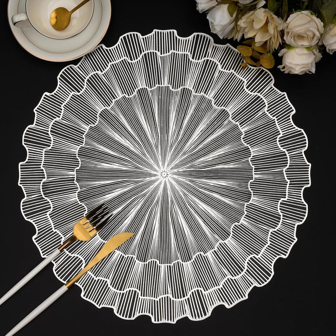 Evevda Silver Placemats Set of 6 Round 15 inch Table Mats Vinyl Pressed Waterproof Table Placemats for Dining Table Decoration Wedding Holiday Party