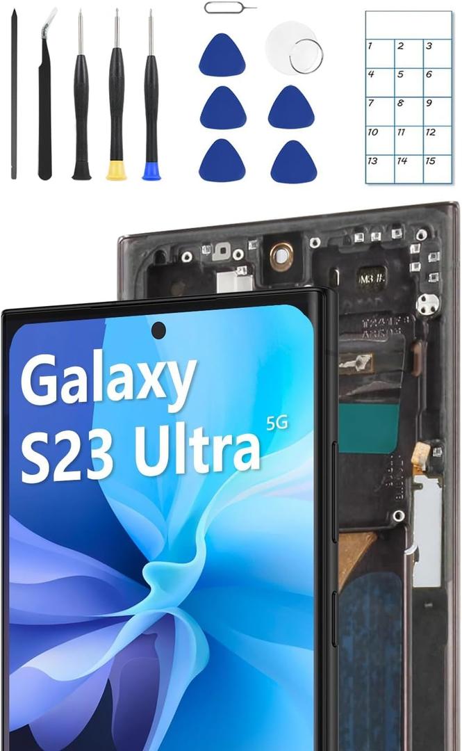 OLED Screen Replacement for Samsung Galaxy S23 Ultra 5G with Frame & Fingerprint Sensor  Includes Full Tool Kit & Installation Guide (Black)