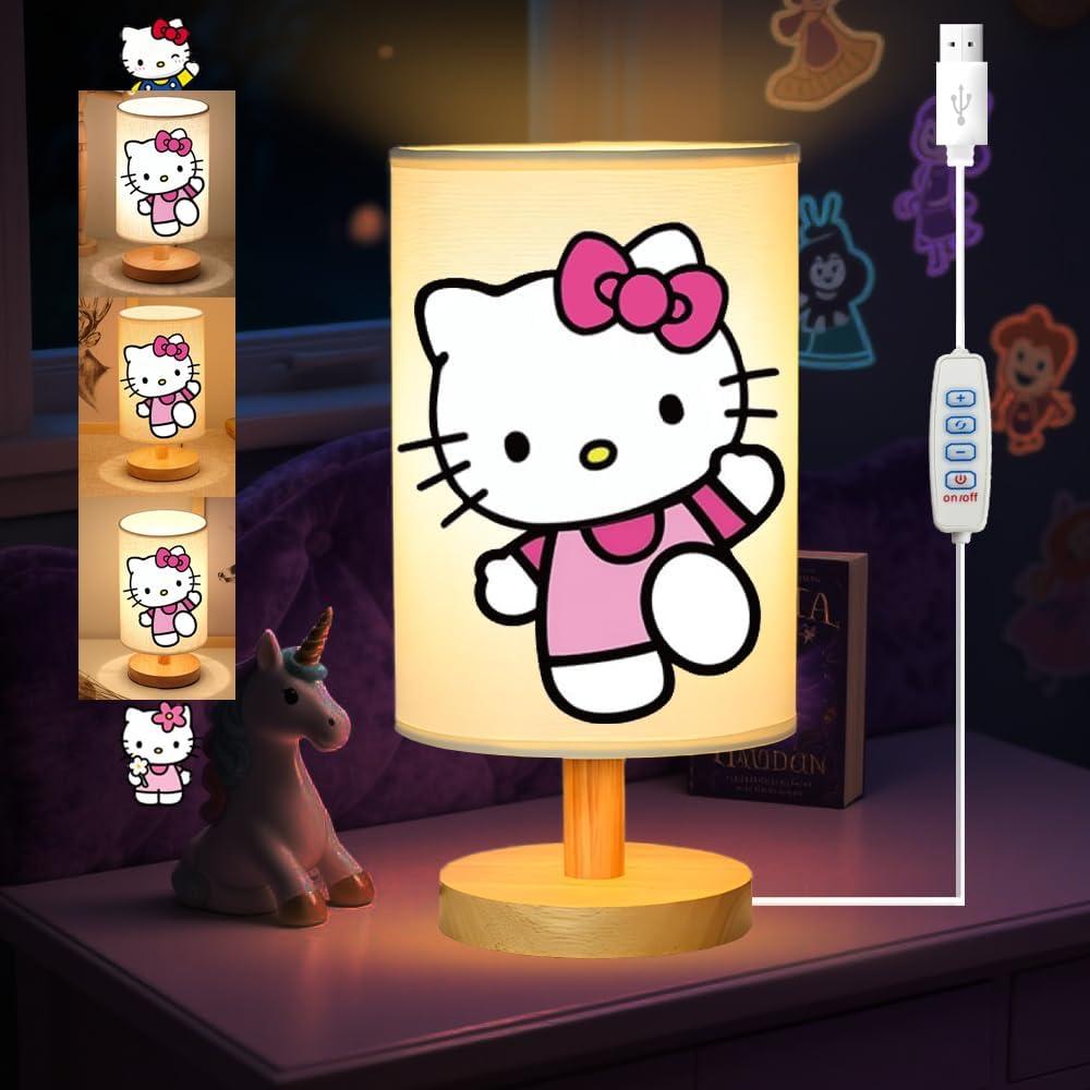 Kitty Bedside Table Lamp for Bedroom Nightstand, Gifts for Girls - 3 Colors Dimmable Night Stand Light Lamp for Kids Room, Wood Base Round Flaxen Fabric Shade Desk Reading Lamp for Living Room Office