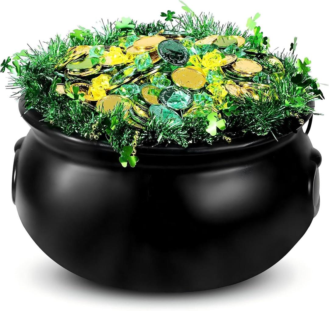 Colingmill St. Patrick Day Large Cauldron Decoration 12 Inch Plastic Black Cauldron Kettles with Handle Shamrock Table Centerpieces for St. Patrick Day Decorations Candy Treats Birthday Party Supplies