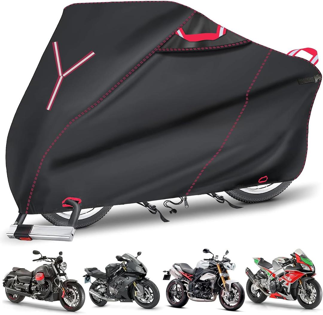 800D Heavy Duty Motorcycle Cover, Outdoor Storage Moped Covers, All-Weather Universal Waterproof Scooter Cover with 3 Reflective Handle、2 pairs Lock Holes and 3 Fixed Buckles - 87" x 37" x 40"