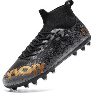 Unisex-Child Soccer Cleats High-top Youth Football Training Shoes (3.5 Big Kid, Black/Gold)