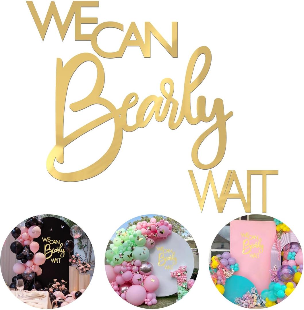 Wokceer We Can Barely Wait Sign for Backdrop 15.7 Inch Gold Baby Party Sign for Boy Girl Baby Shower Gender Reveal Theme 1st Birthday Photography Background Decor
