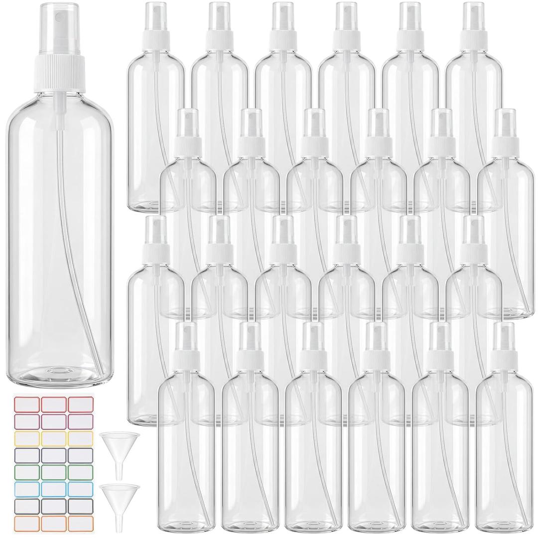 24 Pack 10 oz Clear Plastic Spray Bottles Set with 6 Funnels & 24 Color Labels- Fine Mist Plastic Sprayer, Empty Refillable Bottles with Pump Spray Cap for Essential Oils, Travel, Perfumes