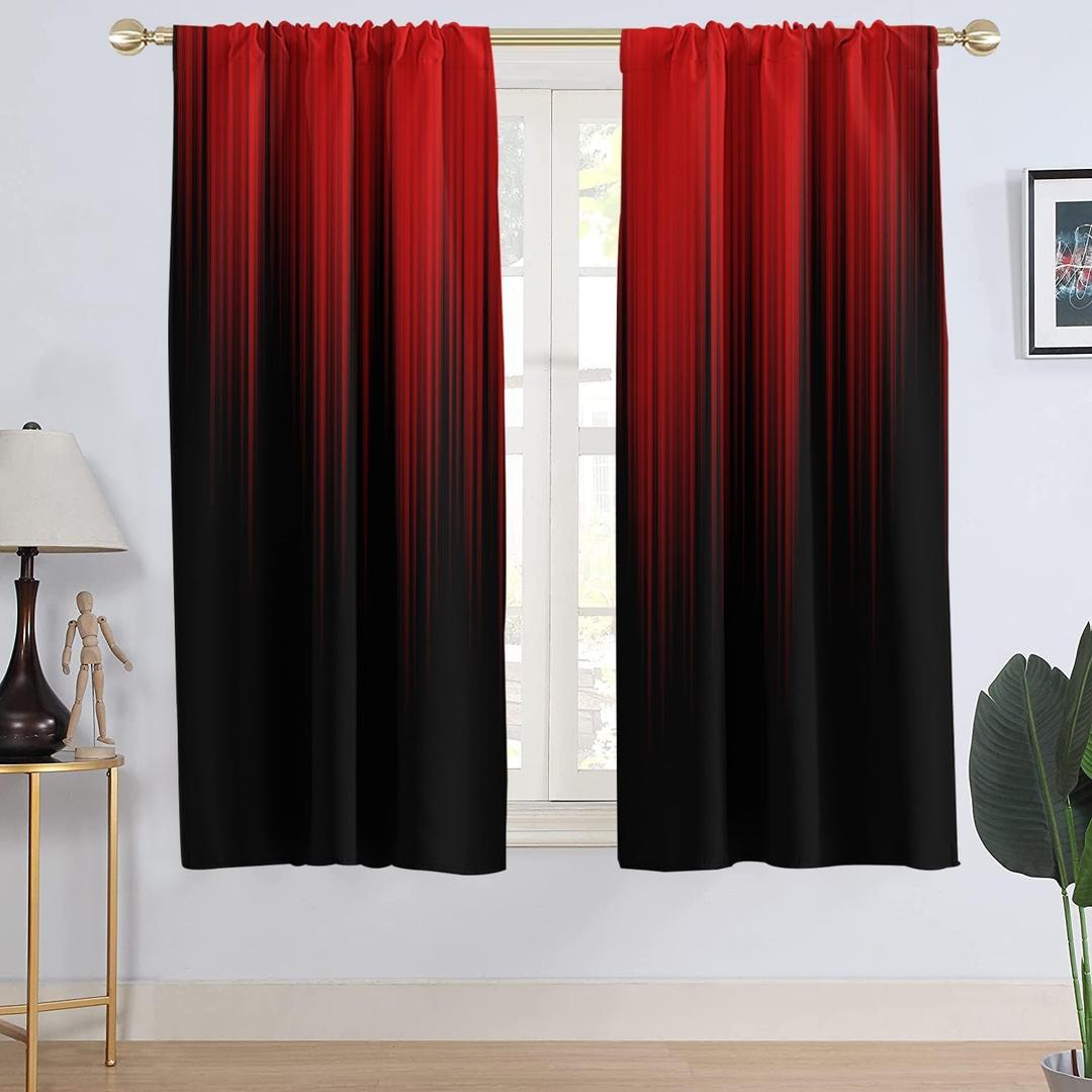 AAtter Red and Black Window Curtain Ombre Gothic Goth Halloween Dark Modern Mens Adults Cool Anime Spooky Horror Living Room Bedroom Drapes Treatment Fabric 1 Pair Home Decor, 42" W x 63" L, Gradient