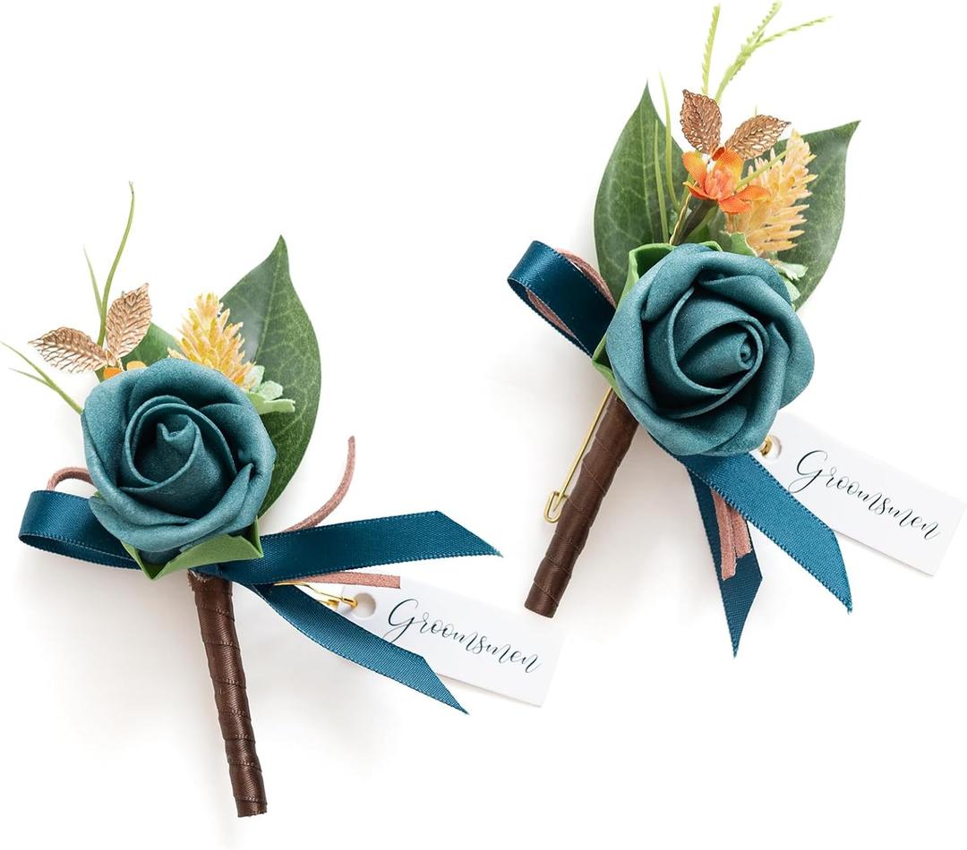 Ling's moment Boutonniere for Men, 2pcs Groom Groomsmen Guest Boutonniere, Artificial Flowers for Wedding/Prom/Homecoming, etc.Dark Teal Burnt Orange