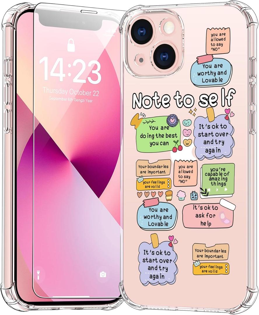bicol for iPhone 13 Case with Screen Protector,Enhanced Camera Protection,Clear TPU Cover with Trendy Designs for Girls Women,Slim Fit Protective Phone Case,Note to Self