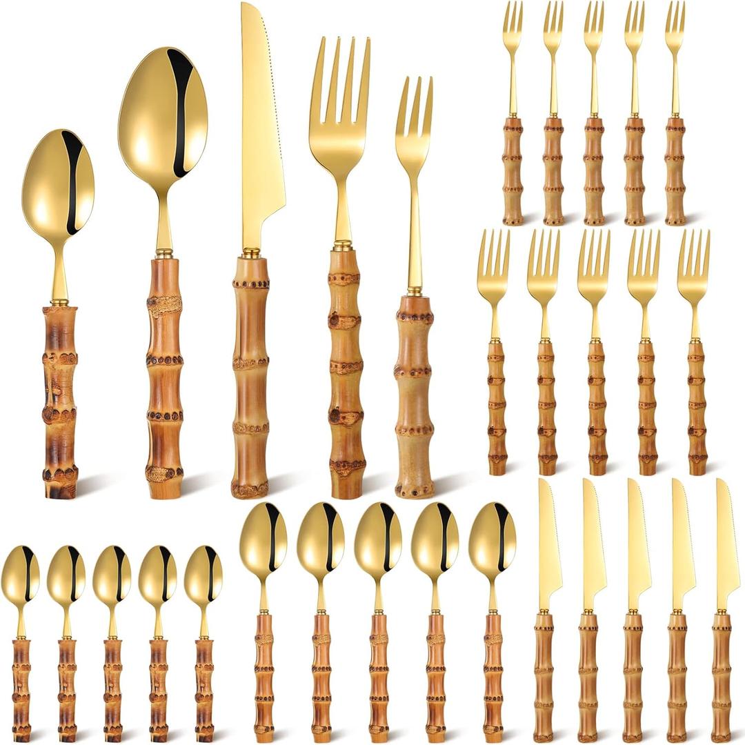 Eboot Bamboo Silverware Set 18/8 Stainless Steel Tableware Set Natural Utensil Flatware Kit Spoon Fork Knives Bamboo Handle Cutlery for Kitchen Wedding Home Restaurant Party(Gold,30 Pieces)