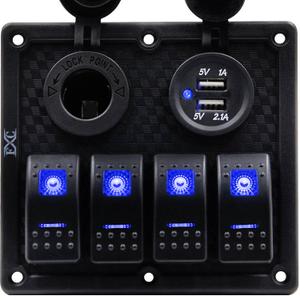 FXC Waterproof Marine Boat Rocker Switch Panel 4 Gang with Dual USB Slot Socket + Cigarette Lighter LED Light for Car Rv Vehicles Truck (4 Gang Blue Light)
