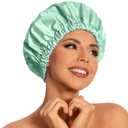 Reusable Shower Cap for Women, Large Waterproof Shower Essentials Bonnet Washable Elastic Band Bath Hair Wrap Hat for Long Hair, Braids(Green Bean)