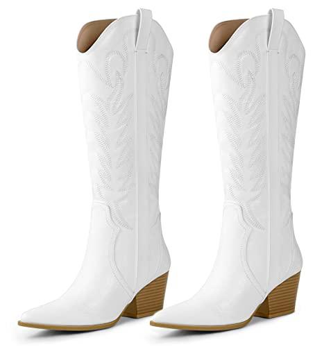 Arromic Cowboy Boots for Women Comfortable Womens Embroidered Western Cowgirl Knee High Boots Pointed Toe Zipper Chunky Heel Country Outfit Retro Tall Boots , Size 9