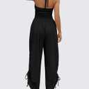 Fisoew Womens Casual Jumpsuits Summer Halter Straps Sleeveless Overalls Ruched Barrel Wide Leg Side-Cinch Long Pant Rompers, Large, Black