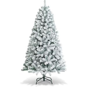 6 FT Snow Flocked Christmas Tree, Artificial Holiday Hinged Pine Tree with 600 Branch Tips, Solid Metal Stand, Premium Xmas Full Fake Tree for Home, Office, Party Decoration