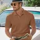 JMIERR Mens Casual Polo Shirt Summer Short Sleeve Vacation Button Beach Knit Stretchy Golf Shirts (Brown, L)