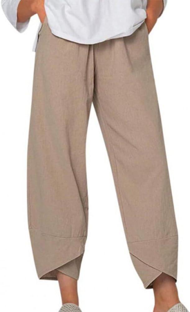 Womens Cotton Pants Casual Capri Baggy Wide Leg Trousers Palazzo Pants for Women with Pockets Size (S)