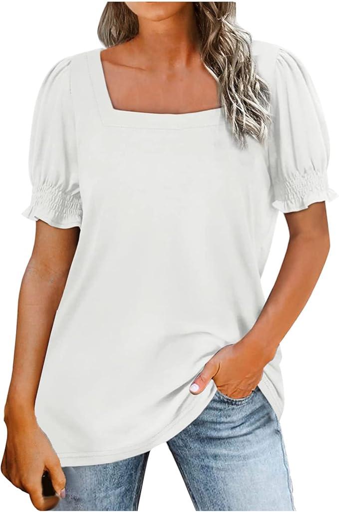 Womens Tops Loose Fitted Flowy Blouses Tunic Tops Short Sleeve Shirts for Women Square Neck Ruffle Sleeve T-Shirt Pullover, M