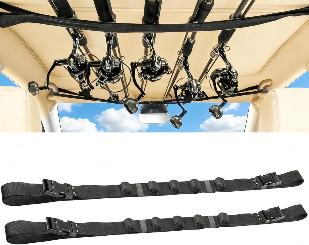Fishing Rod Holder Rack, 2-Pack Adjustable Set Secure 4-Rod Carrier with Belt Straps for Vehicle Transport Universal Pole Holster Mount for Car, SUV, Van, and Truck Interiors (Black)