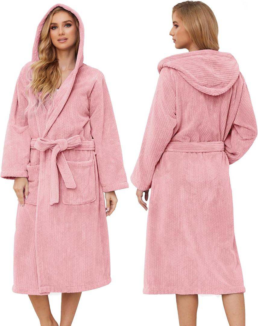 Hooded Bathrobes for Women, Soft Long Towel Robes for Women - Quick Dry yet Warm (Large-X-Large, Light Pink)