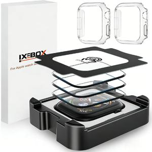 IXBBOX 3-Pack Screen Protectors + 2-Pack Cases Compatible with Apple Watch Series 4/5/6/SE/SE2/SE3 44mm, 3D Curved Full Coverage Tempered Glass, Scratch & Shatter Resistant, Waterproof, Bubble-Free Installation, No Screen Obstruction