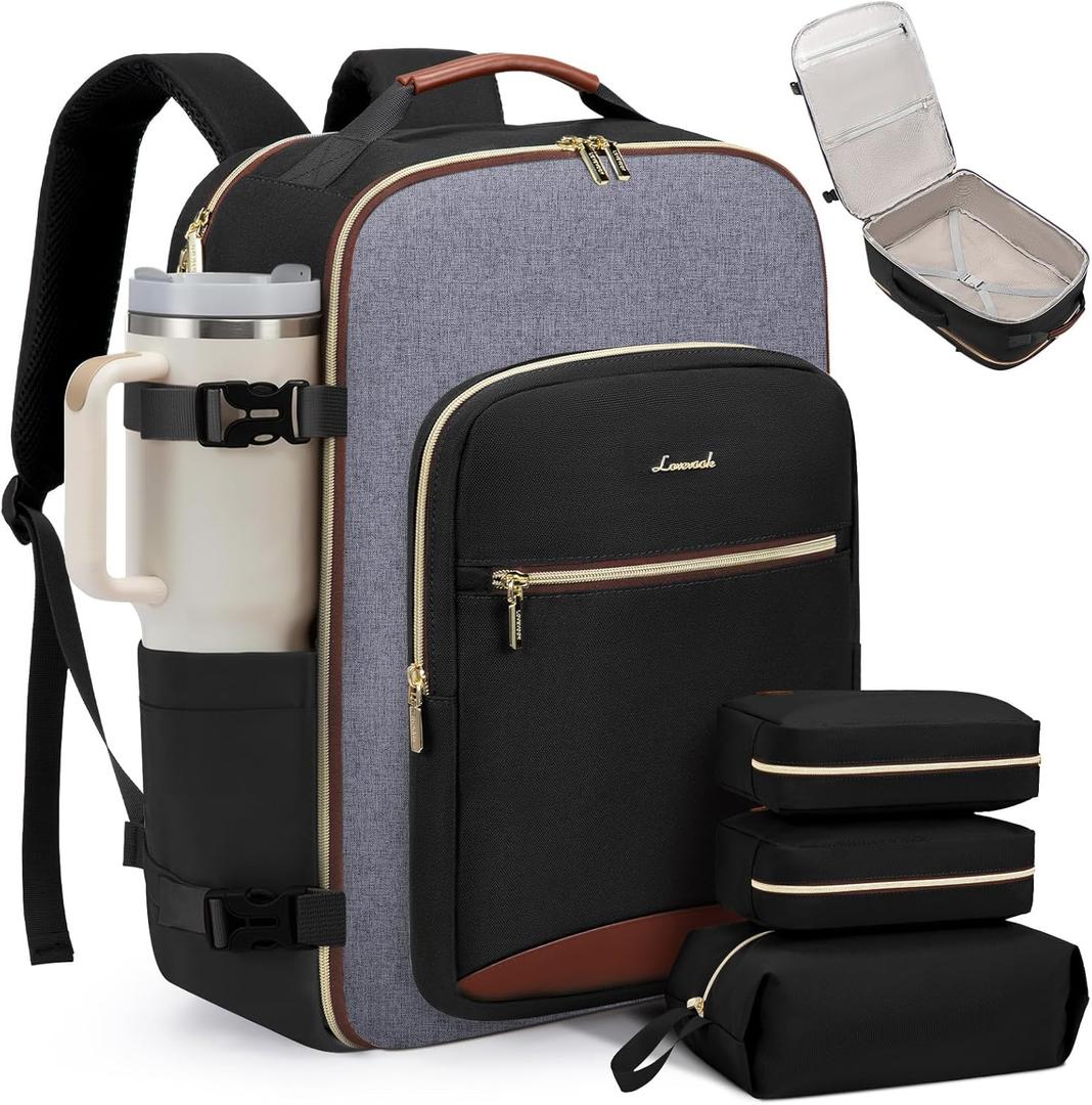 LOVEVOOK 50L Travel Backpack for Women & Men, Airline Approved Carry On Luggage with 3 Packing Cubes, TSA Overnight Bags, Waterproof Personal Item Bag, Weekender Essentials Backpacks Fits 17" Laptop (Black-grey-brown)